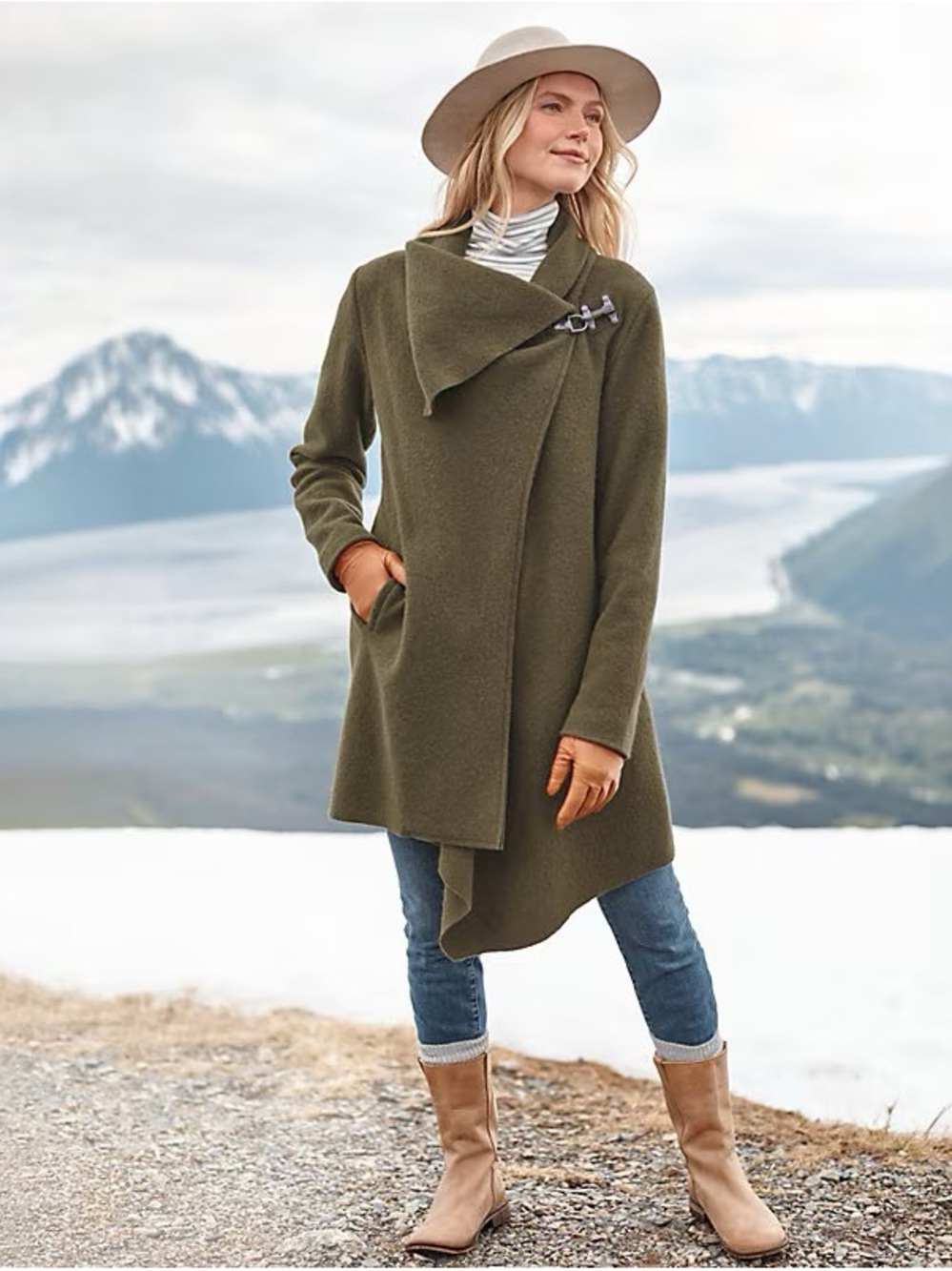 Garnet Hill 100% Boiled Wool Asymmetrical Wrap Coat Olive Women Size 12
